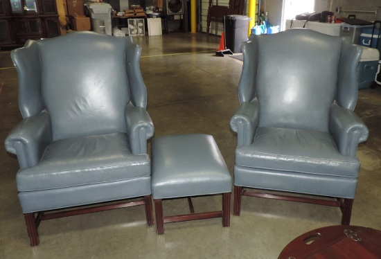 Pair Of Leather Hancock Moore Wing Chairs With Ottoman