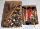 Lot of Antique Casters, Paint Brushes, and More