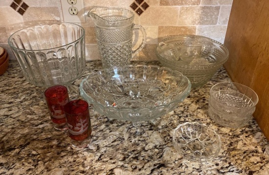 Lot of Pressed Glass Serving Pieces and Red Etched Glasses