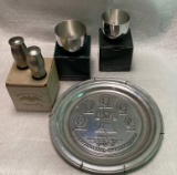 Pewter Lot with Cups, Plate and Salt & Pepper Shakers