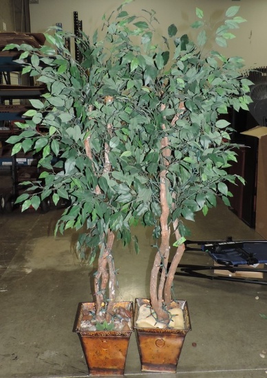 2 Artificial Ficus Trees In Metal Planters