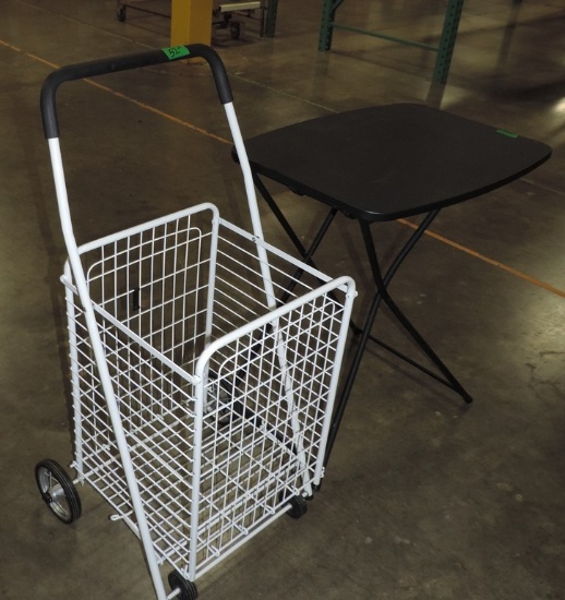 Hard Plastic Small Folding Work Table & White Metal Shopping Cart