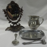 Cast Metal Dresser Pedestal Mirror & 2 Wilton Pewter Pcs.