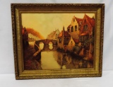 Vintage Framed Color Print Of Europe Watercolor Scene