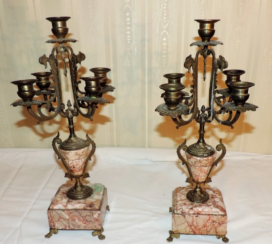 Victorian Brass and Pink Marble Candelabras