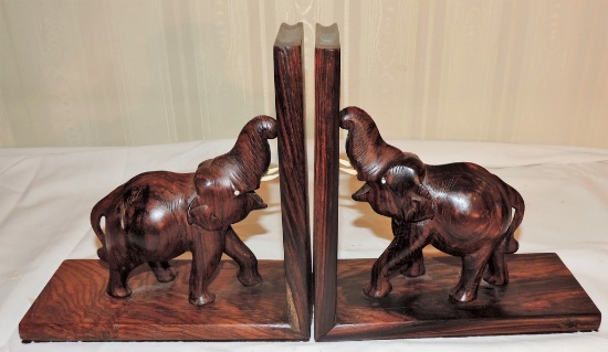 Carved Wooden Elephant Book Ends