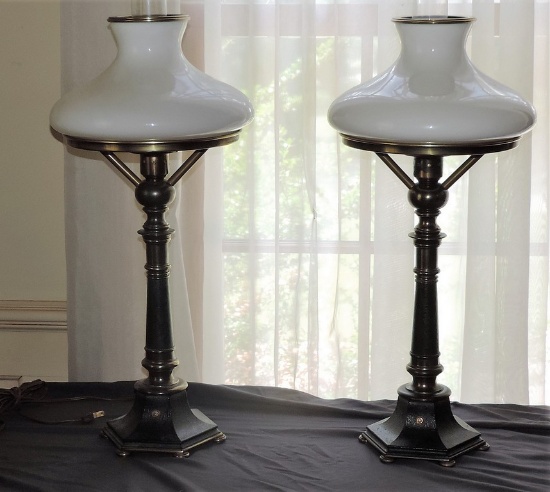 Pair of Iron and Brass Lamps with Hurricane Shades