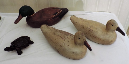 Lot of Wooden Duck Decoys and a Wooden Turtle