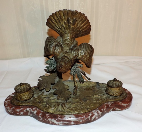 Victorian Bronze and Chocolate Marble Bird Ink Well