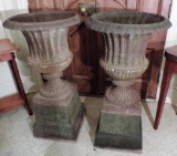 Pair of Large Victorian Cast Iron Urns with Bases