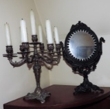 Vintage Candelabra and Cast Iron Dressing Mirror