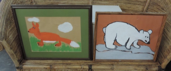 Pair Of Framed Naive Folk Art Animal Pictures