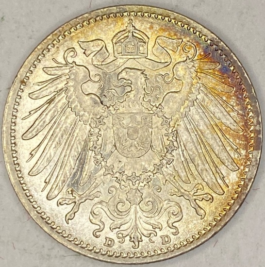 1915D Germany Silver 1 Mark AU