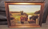 Antique Primitive Oil On Canvas Of Cows In Pen