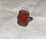 Antique Sterling Silver, Marcasite & Orange Stone Ring