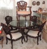 Hancock and Moore Round Pedestal Table with 5 Carved Chairs