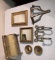 Tray Lot Vintage Sewing Box, Brass Shelf & Mirror