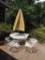 1960's Barrel Back White Metal 5 Piece Outdoor Table Set With Umbrella