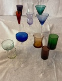 13 Pc Lot Colored Glass Footed Cordials