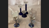 2 Metal Base Jeweled Goblets & 3 Cobalt Blue Candleholders