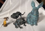 Ceramic Rabbit Figurine, Brass Flower 