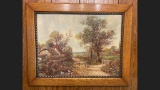 Antique Oak Framed Color English Cottage Scene Print