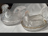 2 Crystal Hen on Nest Dishes
