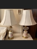 Pair of Brass, Porcelain and Glass Table Lamp with Clean Cloth Shades