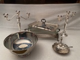Tray Lot of Silver Plate Serving Pieces and Candelabras