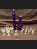 Tray Lot of Cordial Glasses, Crystal Bell and Cobalt Blue Glass