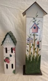 Pair Of Paint Decorated Wood House Shape Shelf & Birdhouse