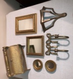 Tray Lot Vintage Sewing Box, Brass Shelf & Mirror