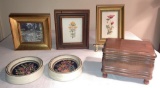 Tray Lot Needle Point Framed Flowers, Wood Dresser Box & More