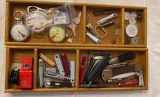 2 Wood Trays With Pocket Knives, Stop Watches & More