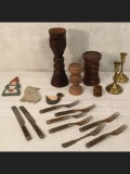 19th Century Flatware, Brass and Wood Candlesticks