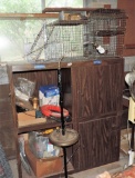 Cabinet With Contents, Wire Animal Cages & Old Lamp