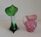 Green Case Art Glass Vase & White Opalescent Cranberry Pitcher