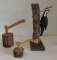Folk Art Signed Woodpecker Carving Plus 2 wood carved Axes In Logs.