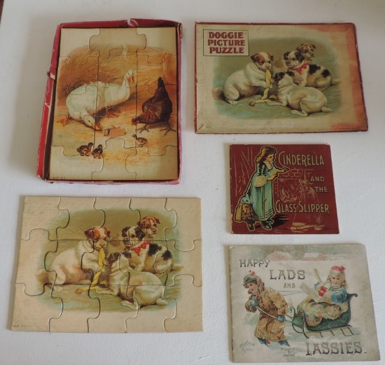 Three-Piece Antique Children's Book & Puzzle Lot