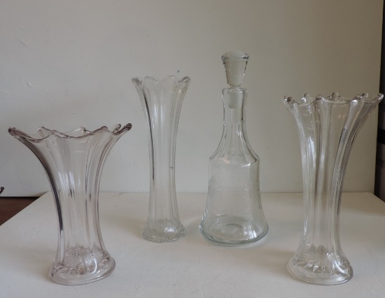 Lot Of 3 Vintage Crystal Vases And Etched Glass Decanter