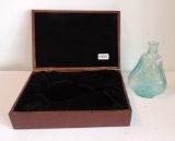 Fantastic Aqua Antique Hand-Blown Scroll Flask-Bottle In Velvet Lined Box