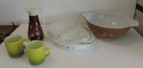 Tray Lot Mid-Century Pyrex, Fire King Mugs & Glass Syrup Pitcher
