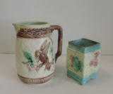 Majolica Bird On Branch Pitcher & Floral Decorated Vase