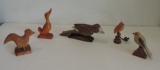 5 Hand-Carved & Paint Decorated Wood Birds On Bases.