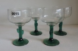 Set Of 4 Green Footed Frosted Etch Cordials & 4 Green Cactus Footed Margarita Glasses