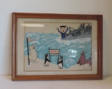 Original Framed Watercolor Military Satire By C. Ryer