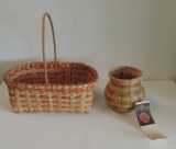 Signed & Tagged Cherokee Honeysuckle Vines Vase & Dyed Split Oak Market Basket