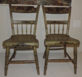 Great Pair Of Paint Decorated Pennsylvania Plank Bottom Chairs
