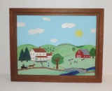 H Yoder Folk Art Farm Scene Painting In Wood Frame