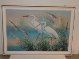 Signed A. Maley Snow Egrets Seascape In Frame